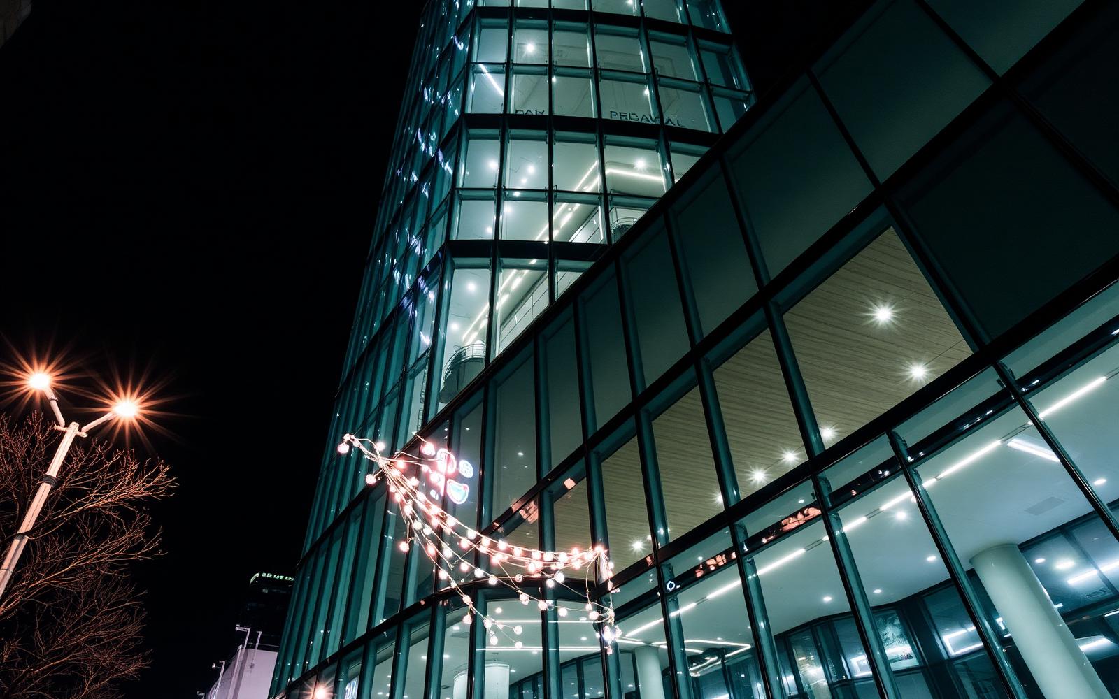 Security officer patrolling a commercial office property at night